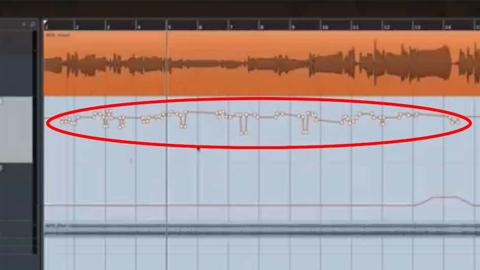 ボーカルに細かなボリュームオートメーションが手書きで指定されている写真